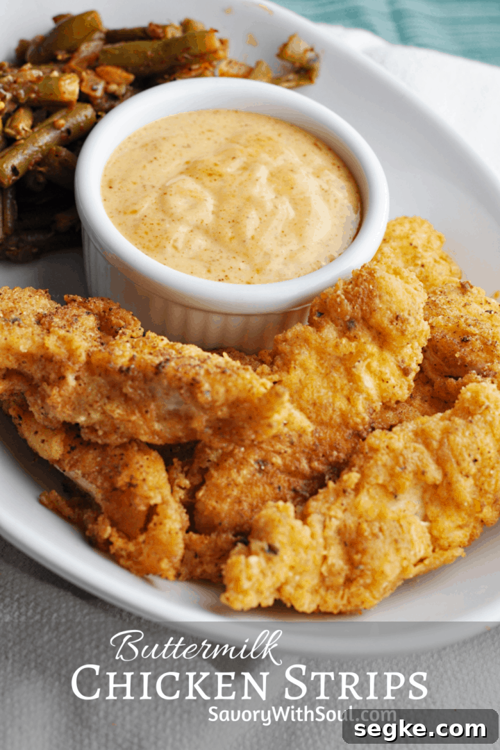 Crispy, Juicy Buttermilk Chicken Strips Recipe 6 Chicken Strips Pinnable image