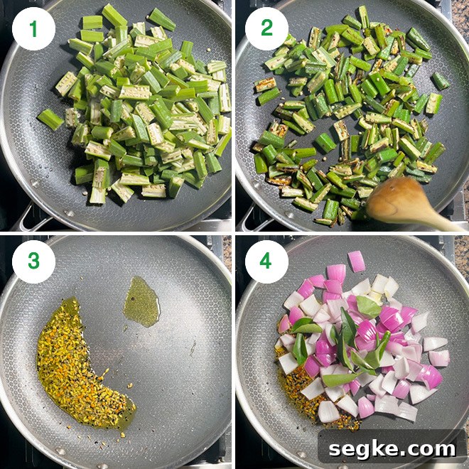 step by step picture collage of making achari bhindi