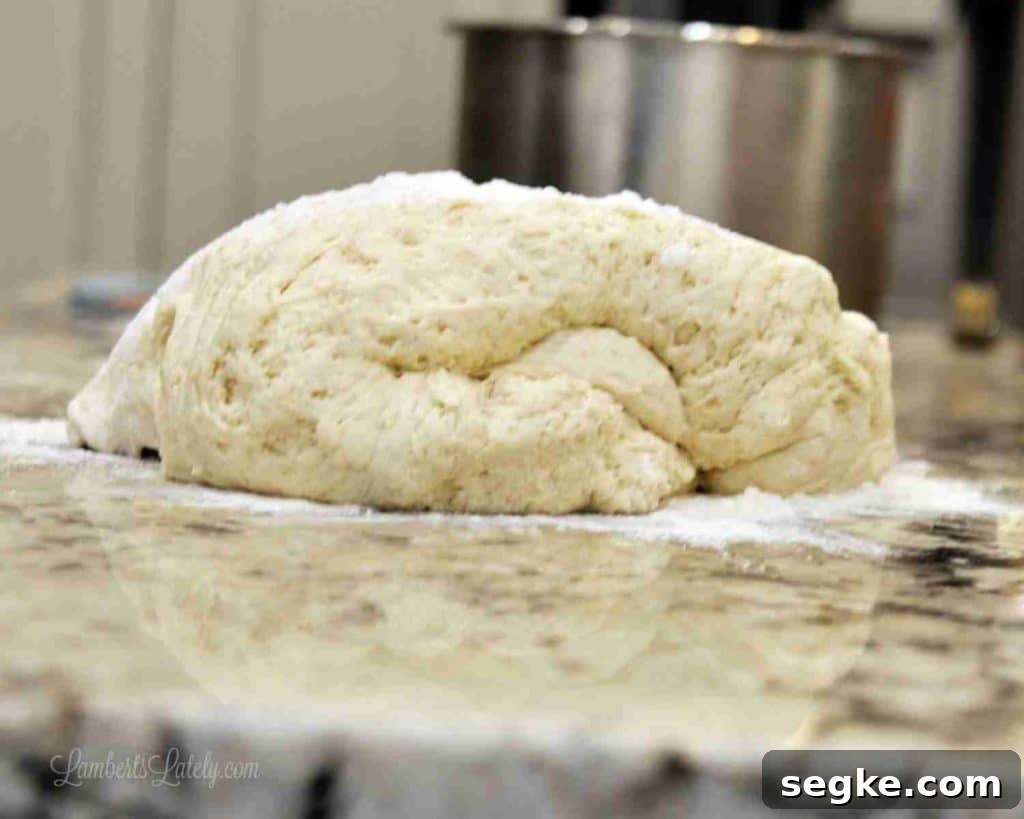 Unrolled cinnamon roll dough on a floured surface ready for baking.