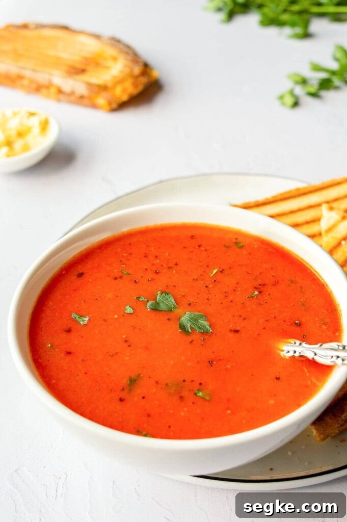 Tomato soup with toast in the background.
