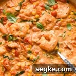 Creamy skillet dish with shrimp, cherry tomatoes, and corn, mixed in a rich, orange-colored cashew cream sauce.