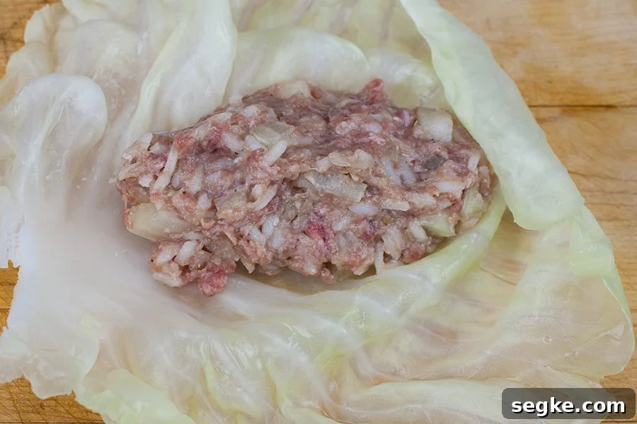 Easy Stuffed Cabbage Rolls - beef mixture placed inside a cabbage leaf