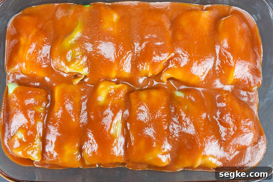unbaked cabbage rolls covered in sauce in a glass baking dish