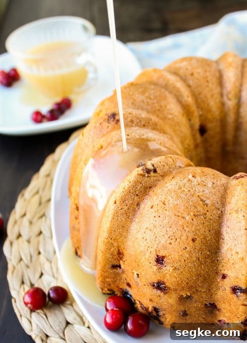 Cranberry Cake with Warm Vanilla Butter Sauce drizzled on top of the cake.