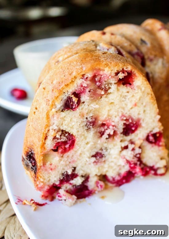 Slice of Cranberry Cake on a white plate.