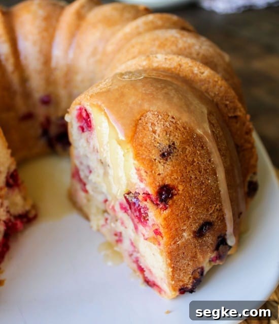 Cranberry Cake with Warm Vanilla Butter Sauce on a white plate.