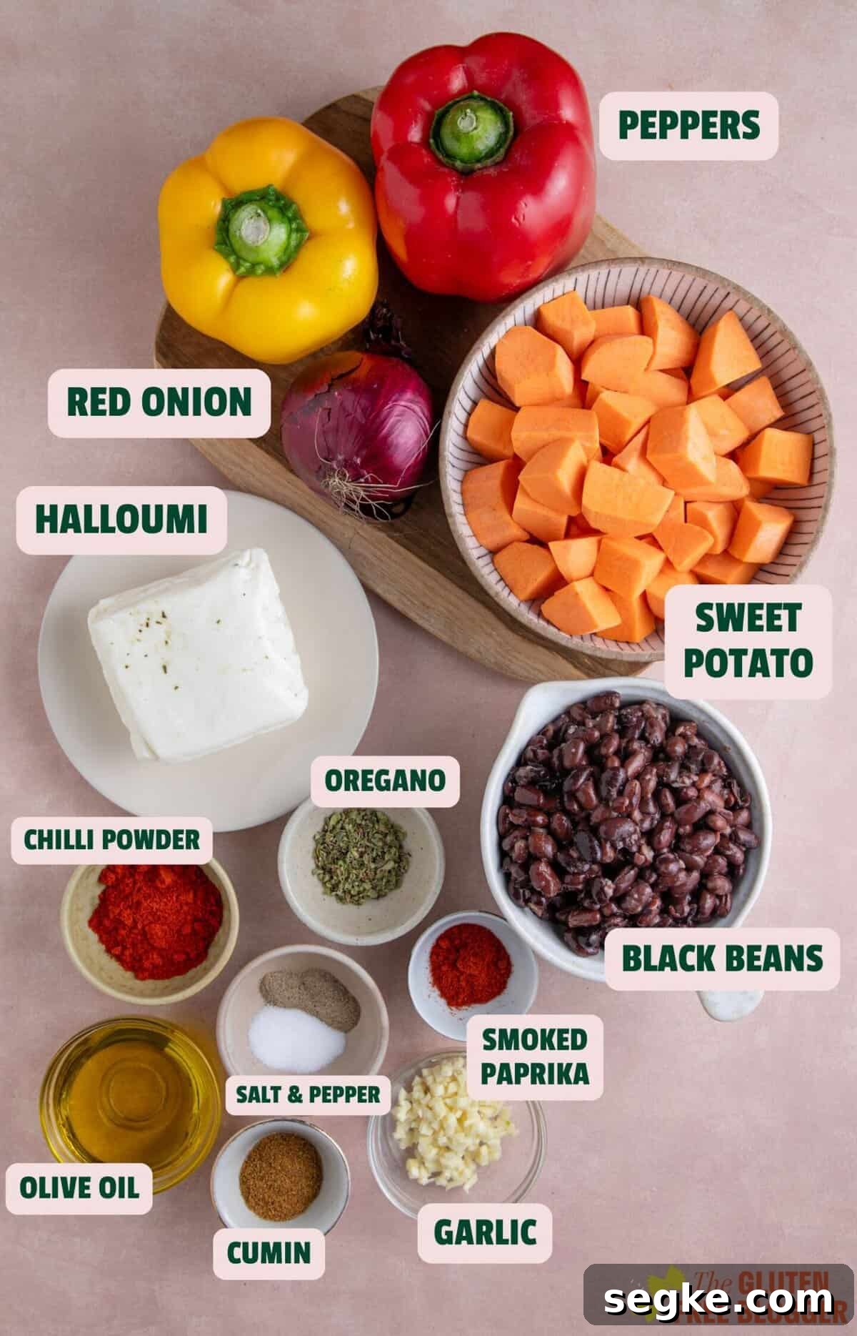 Sheet Pan Halloumi Tacos with Roasted Vegetables 3 Ingredients for halloumi tacos filling with text labels.
