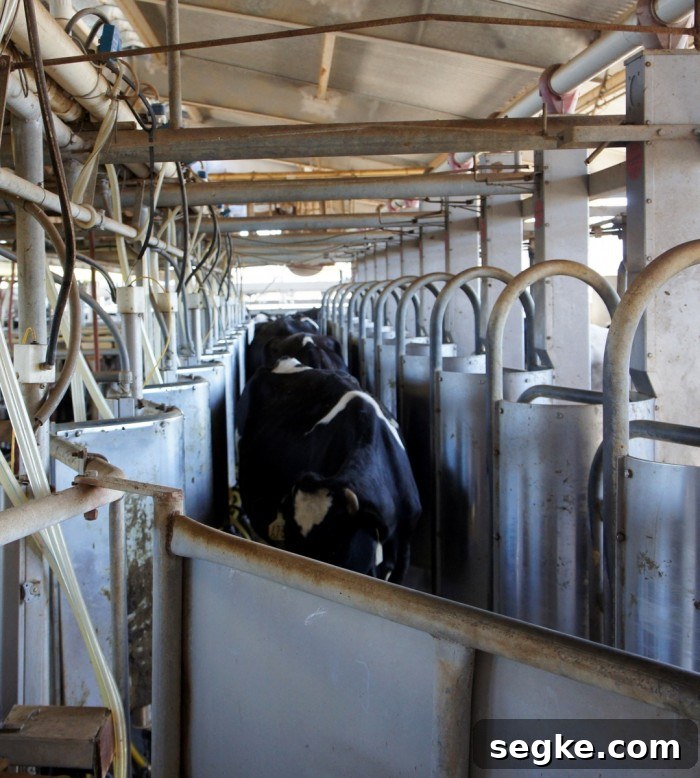 How Milk Is Made: From Cows to Cartons 3 Milking stalls at a dairy farm