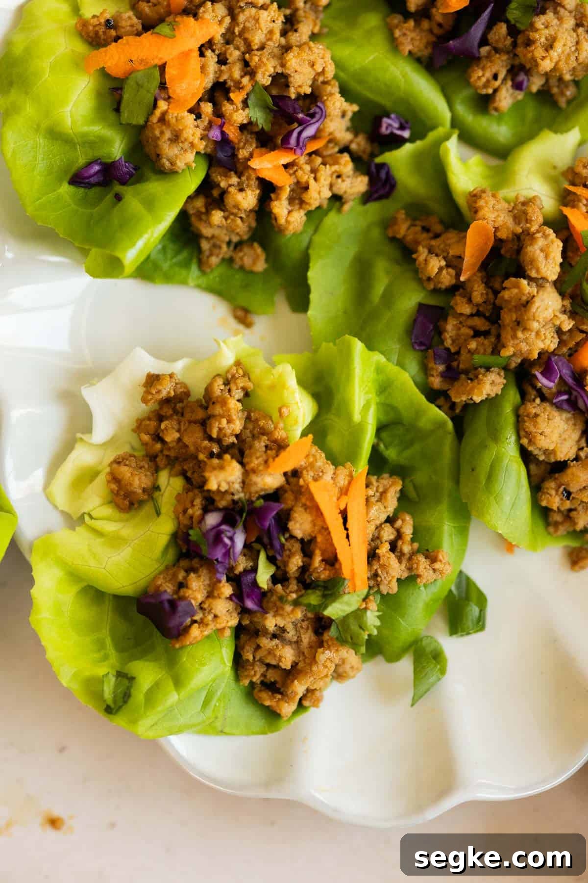 Ground Turkey Lettuce Wraps with Ginger-Soy Sauce 4 Ground turkey and vegetable mixture is served on fresh lettuce leaves, garnished with shredded carrots and chopped purple cabbage on a white plate.