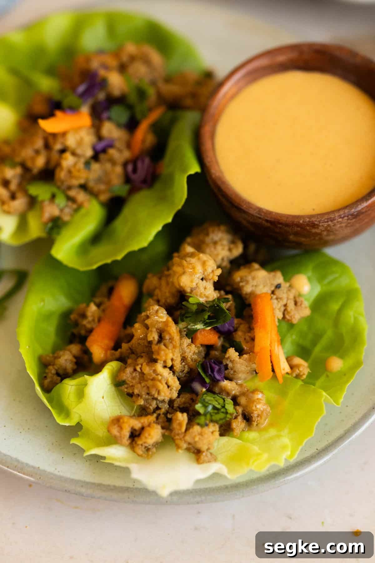 Ground Turkey Lettuce Wraps with Ginger-Soy Sauce 5 Two turkey lettuce wraps filled with seasoned ground meat, shredded carrots, and herbs, served on a plate with a small bowl of creamy dipping sauce.