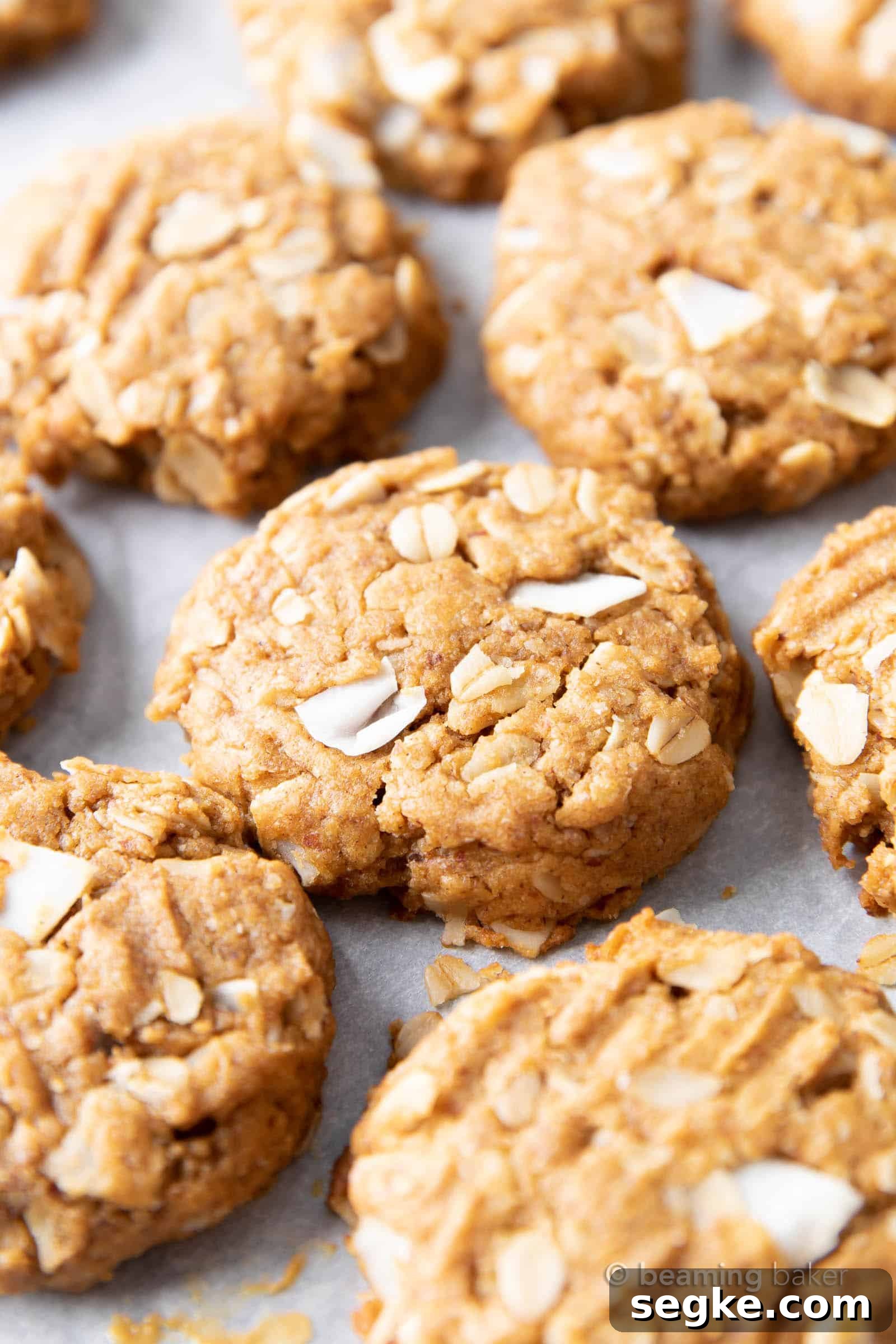 Peanut butter coconut oatmeal cookies on a baking sheet covered with parchment paper.