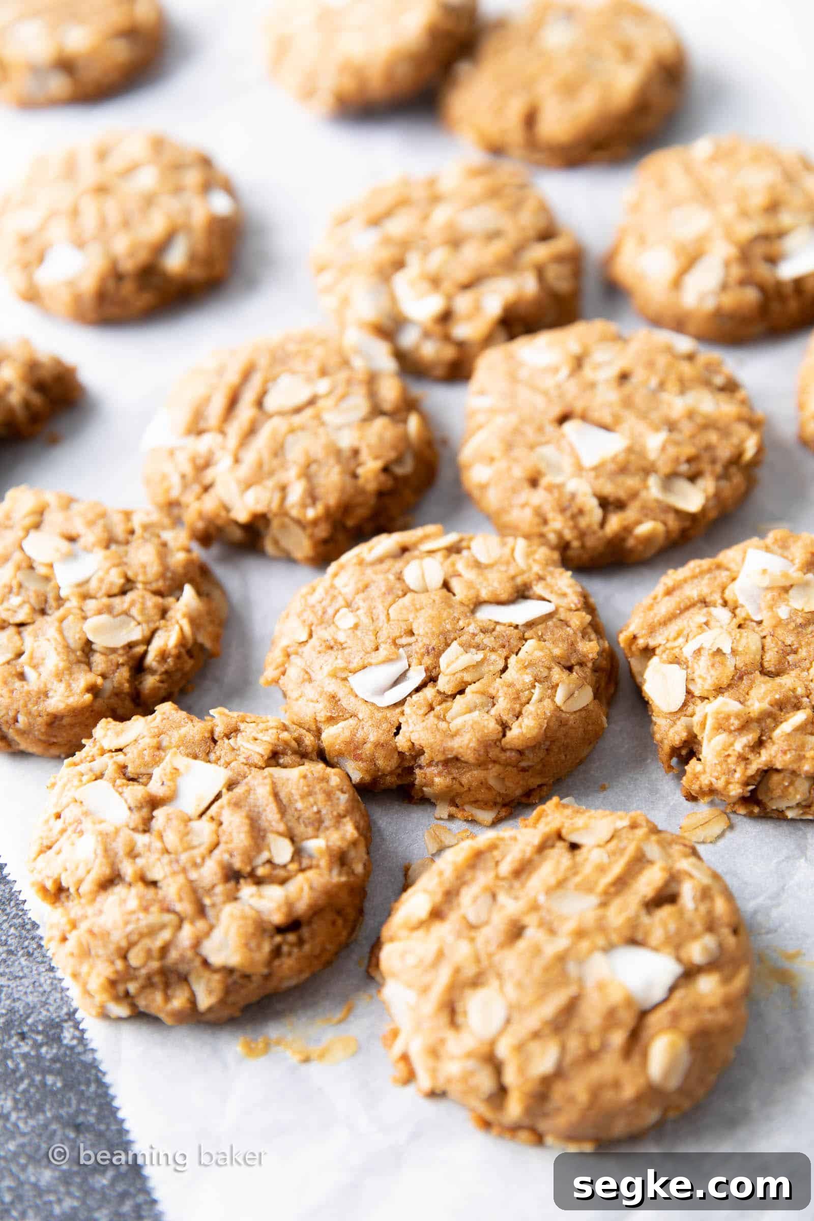 Overhead angled view of coconut oatmeal cookies on parchment paper.