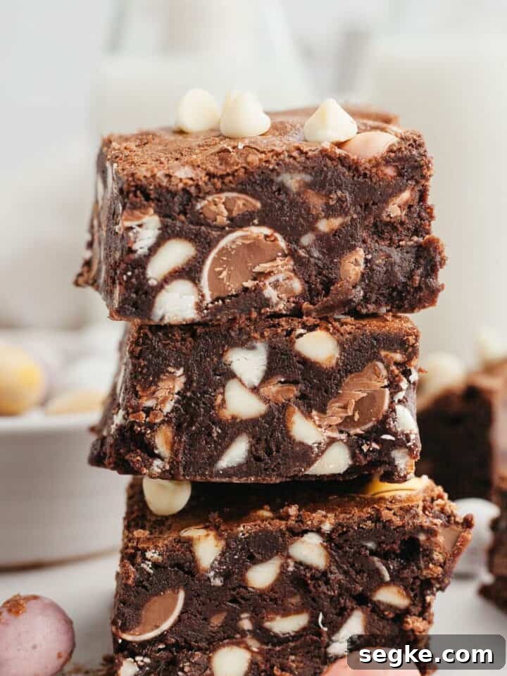 A stack of 3 mini egg brownies.