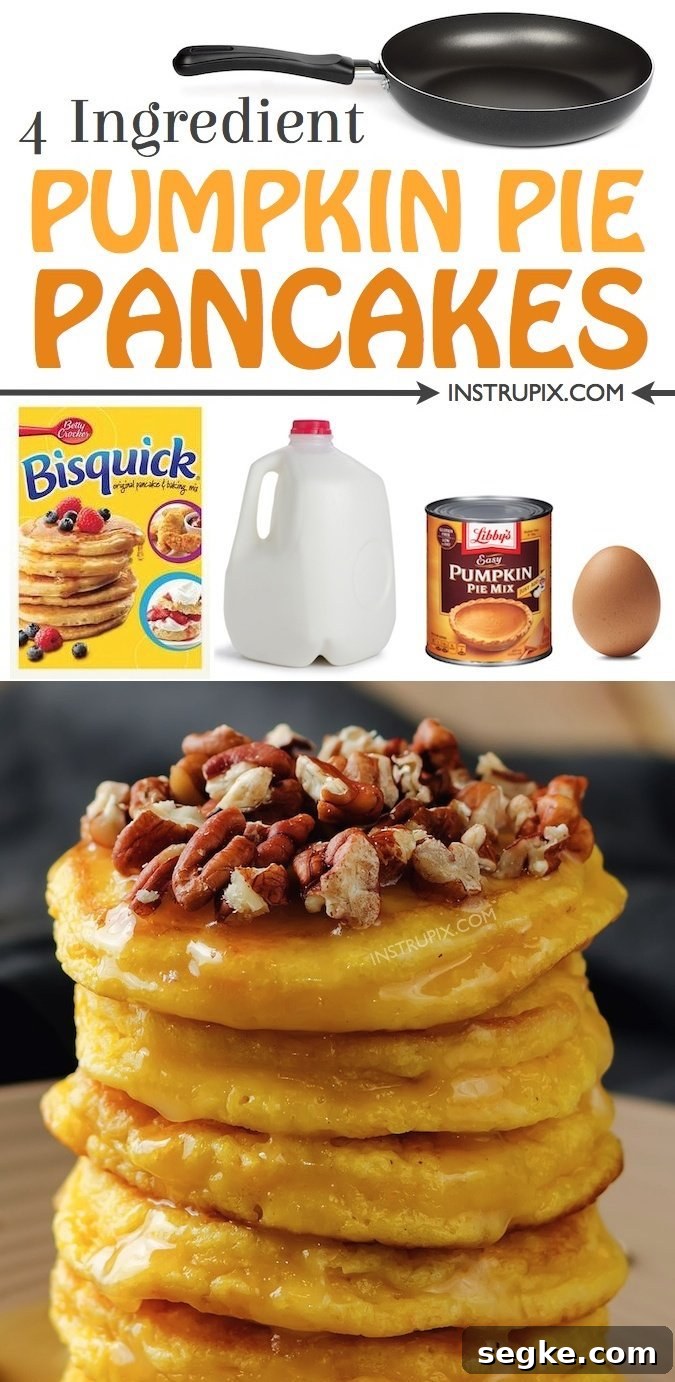 Fluffy Pumpkin Pie Pancakes Recipe 6 Looking for easy fall breakfast ideas? These pumpkin pancakes are made with just 4 simple and cheap ingredients! Bisquick, pumpkin pie mix, milk and an egg. They are super fluffy and delish! These easy homemade pancakes will definitely get your cravings for pumpkin spice taken care of. Top with pecans or chocolate chips for added crunch. A staple fall recipe in my house every year. Great for Thanksgiving when you have family over. #fall #pumpkinspice #pancakes #instrupix