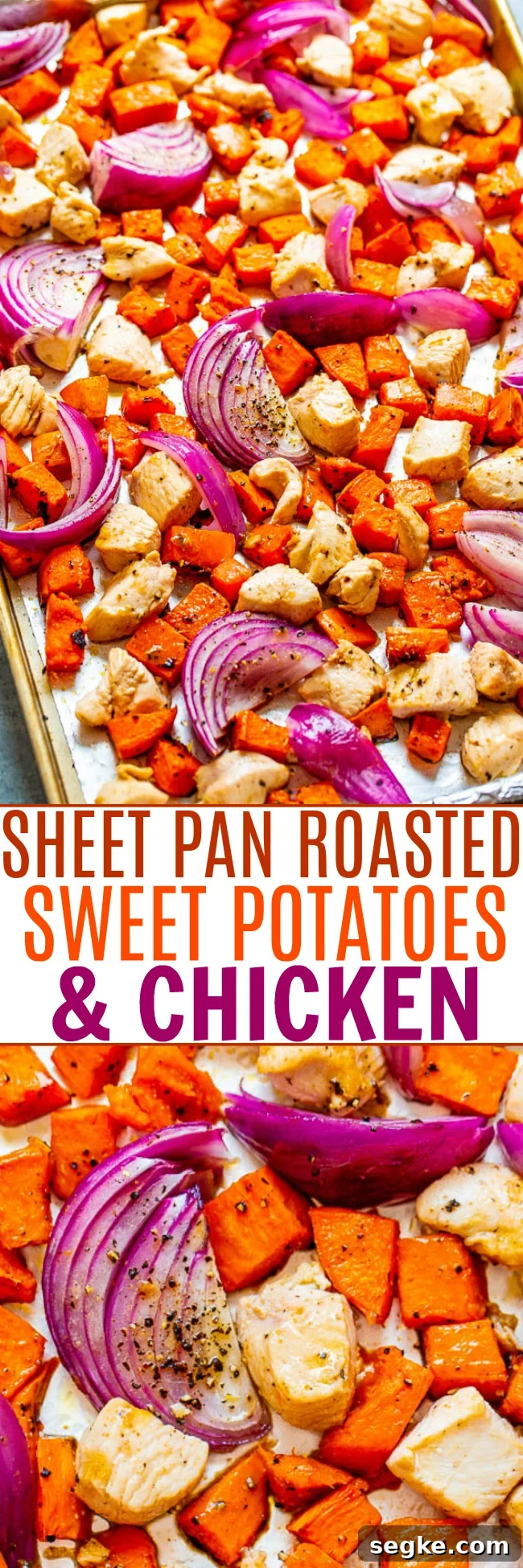 Sheet Pan Chicken with Roasted Sweet Potatoes 4 Sheet Pan Roasted Sweet Potatoes & Chicken Pinterest image.