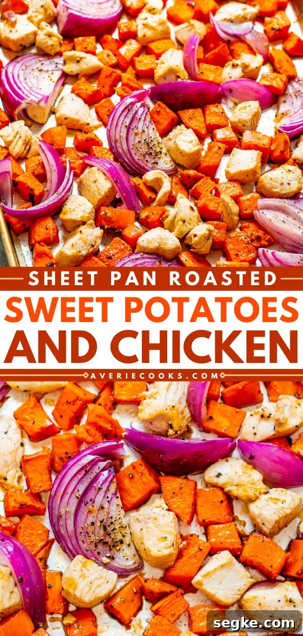 Sheet Pan Chicken with Roasted Sweet Potatoes 9 Sheet Pan Roasted Sweet Potatoes & Chicken Pinterest image.