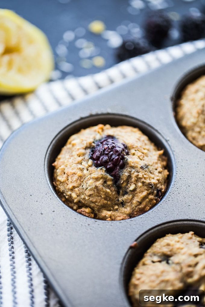 Up-close view of Blackberry Lemon Overnight Oatmeal Muffins cooling in a muffin pan.