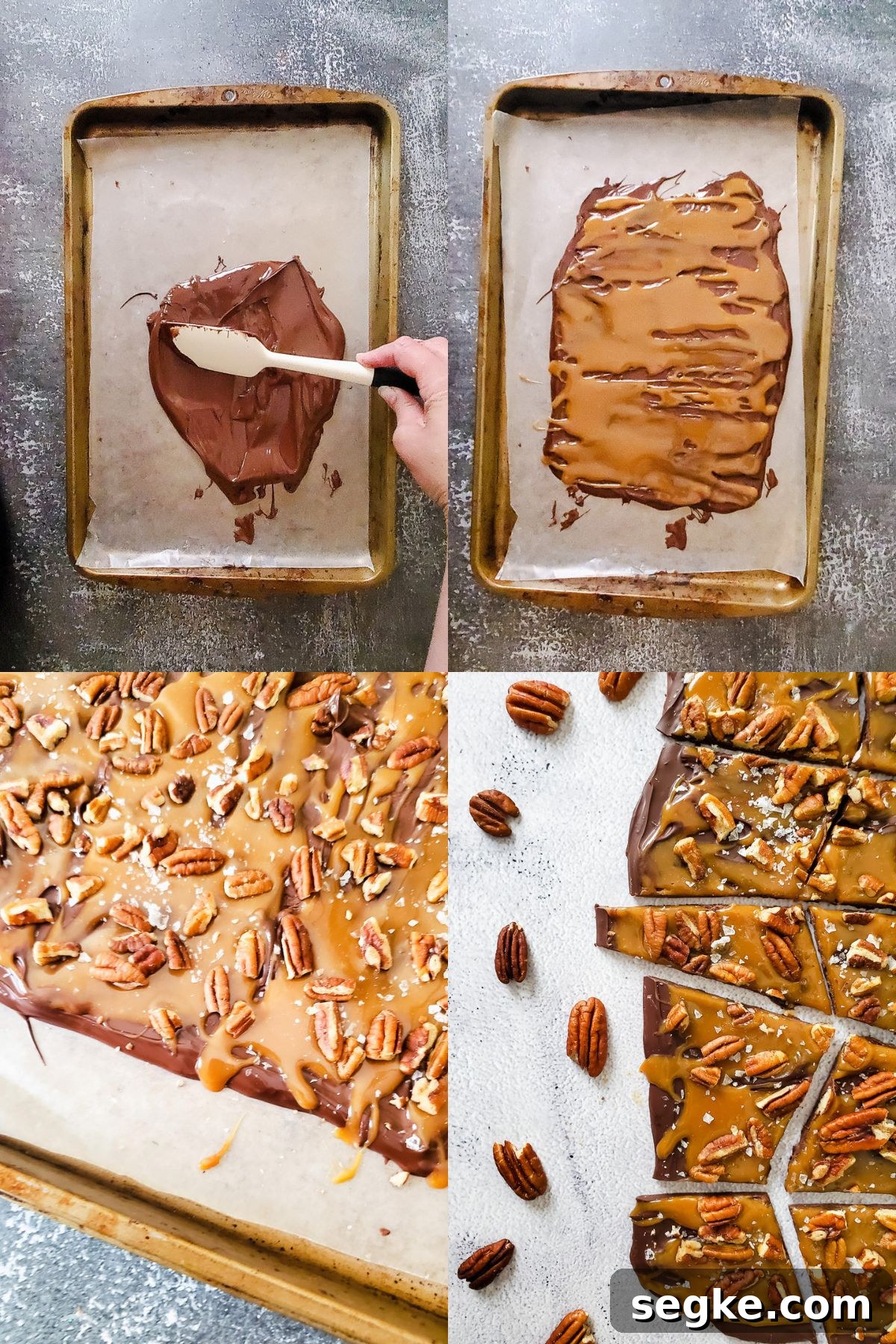 Salted Caramel Chocolate Turtle Bark with Pecans 5 Step-by-step picture instructions for how to make caramel Turtle bark.