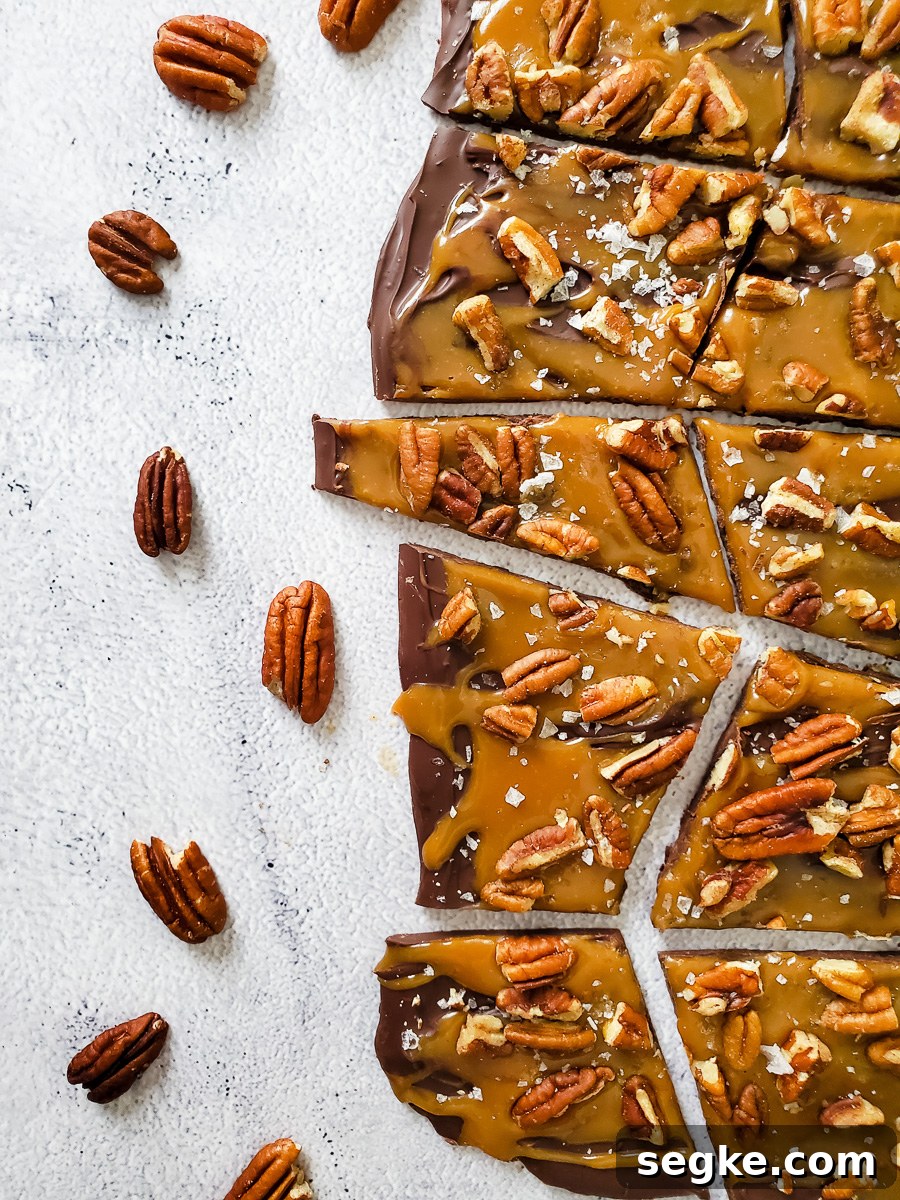 Salted Caramel Chocolate Turtle Bark with Pecans 6 Picture of chewy caramel Turtle bark in pieces.