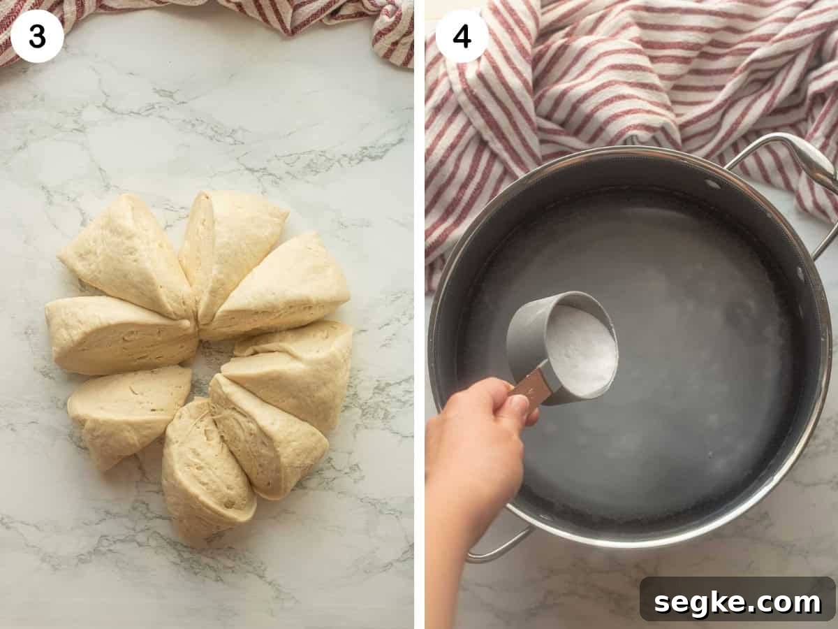 Homemade Soft Baked Amish Pretzels Recipe 5 Pretzel dough cut into sections and pouring baking soda into pot of water.