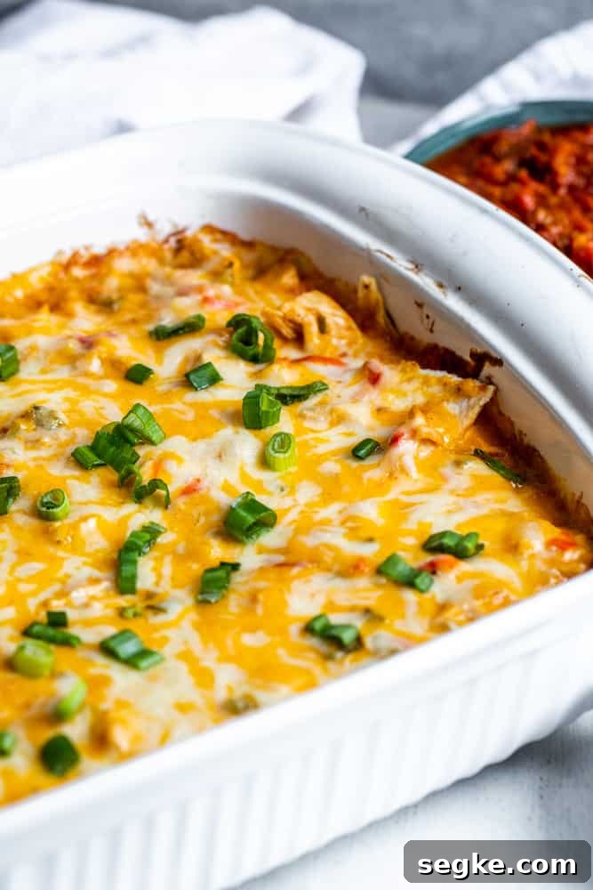 Creamy King Ranch Chicken Casserole Recipe 2 Angle shot of king ranch casserole in white baking dish with salsa bowl in background.