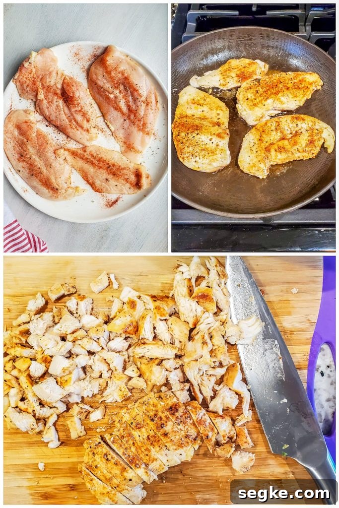 Creamy King Ranch Chicken Casserole Recipe 3 Prep image collage showing chicken being seasoned, cooked then chopped.