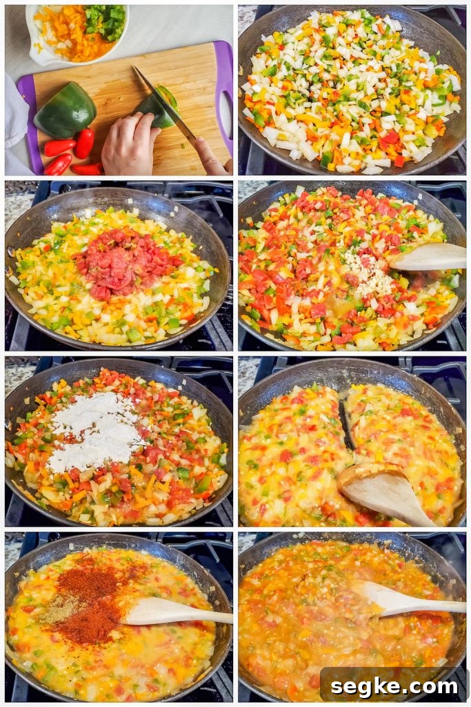 Creamy King Ranch Chicken Casserole Recipe 4 Prep image collage showing veggies being prepped and then gravy being made in black skillet.