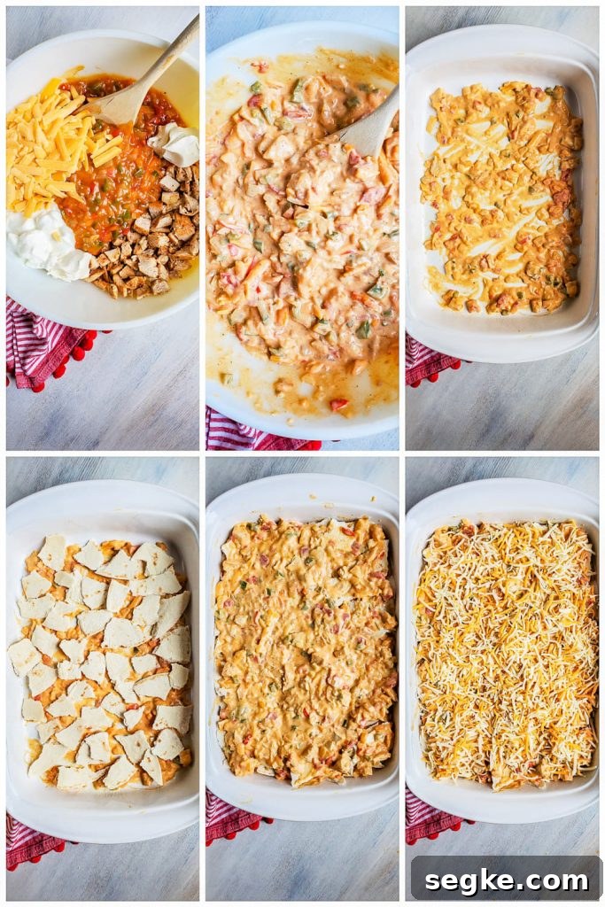 Creamy King Ranch Chicken Casserole Recipe 5 Prep image collage showing filling being made and being layered.