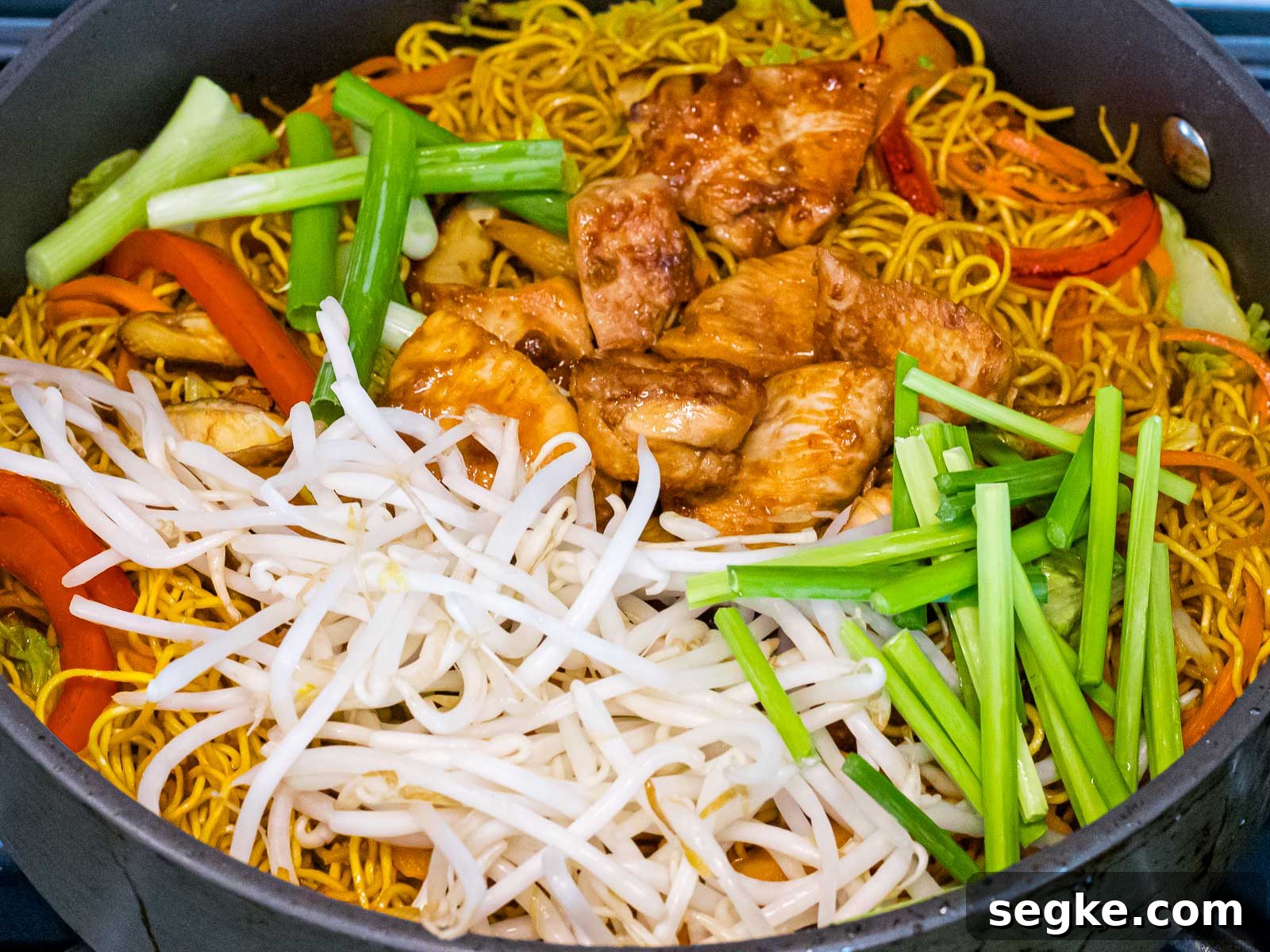 chow mein noodles with bean sprouts, chicken, chives, and red peppers in a pan