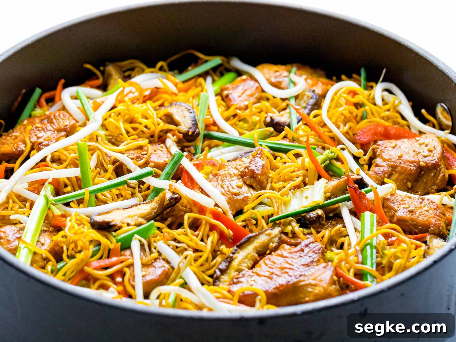 chicken chow mein with vegetables and bean sprouts in a pan