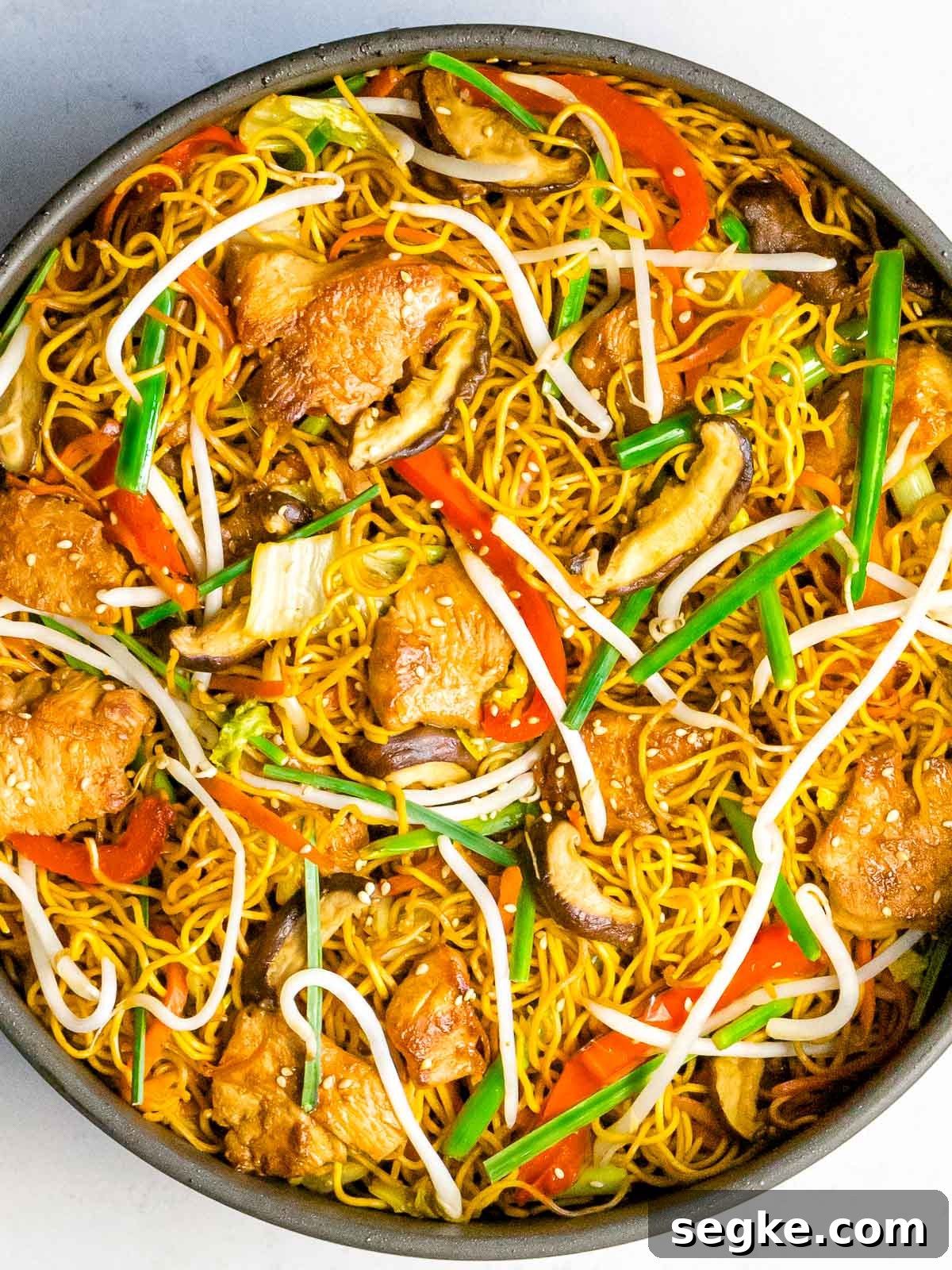 Chinese chow mein noodles with chicken and vegetables in a pan