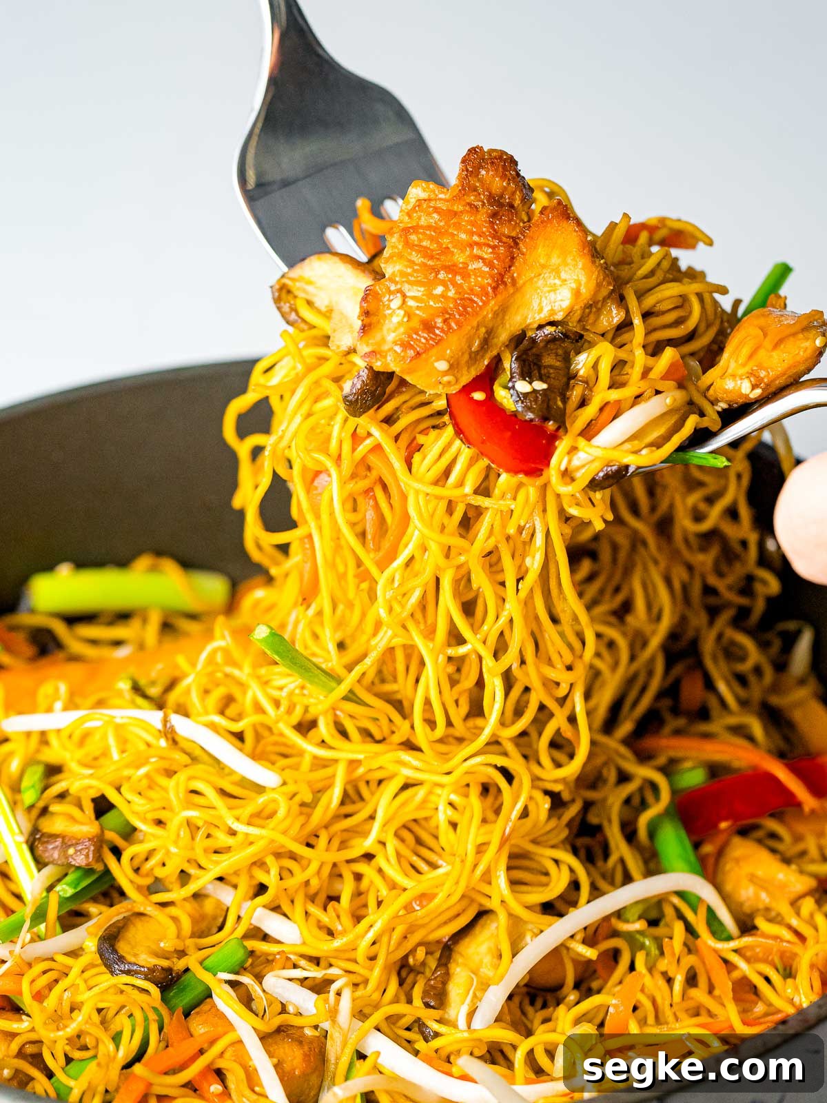 Chinese chow mein noodles with chicken and vegetables being served out of the pan