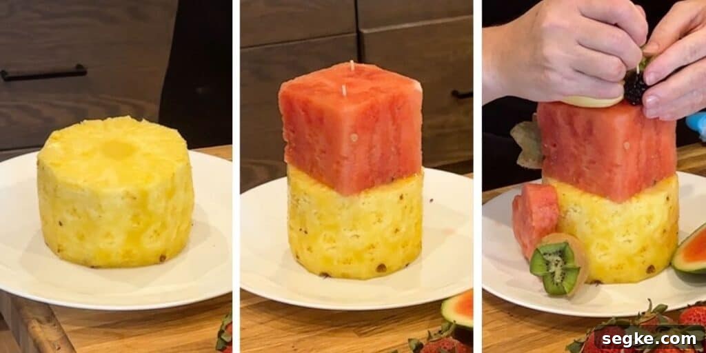 How to make the base for a fresh fruit cake using pineapple and watermelon with large wooden skewers.