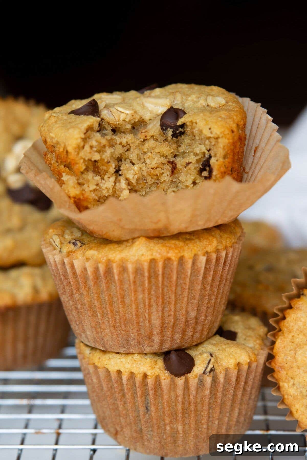 Healthy chocolate chip oatmeal muffins with moist fluffy crumb made with Greek yogurt.