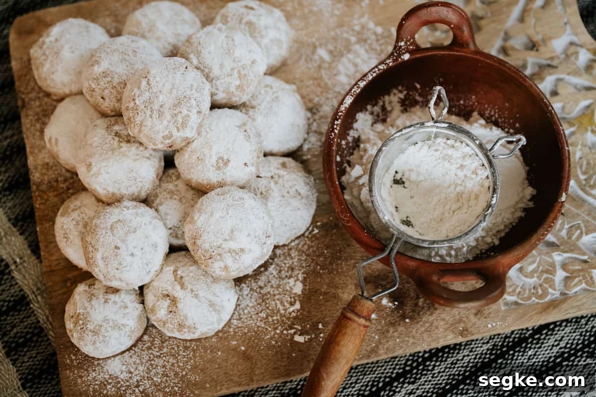 Polvorones Cookies (Mexican Wedding Cookies) on a vintage silver tray with powdered sugar bowl on the side.
