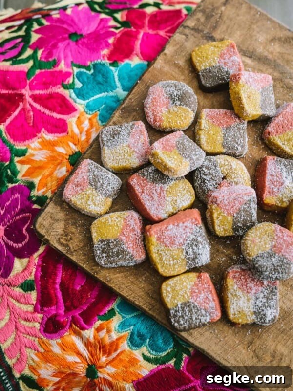wooden cutting board on top of a brightly embroidered flower tablecloth and topped with round and square-shaped tri-color Mexican polvorones cookies.