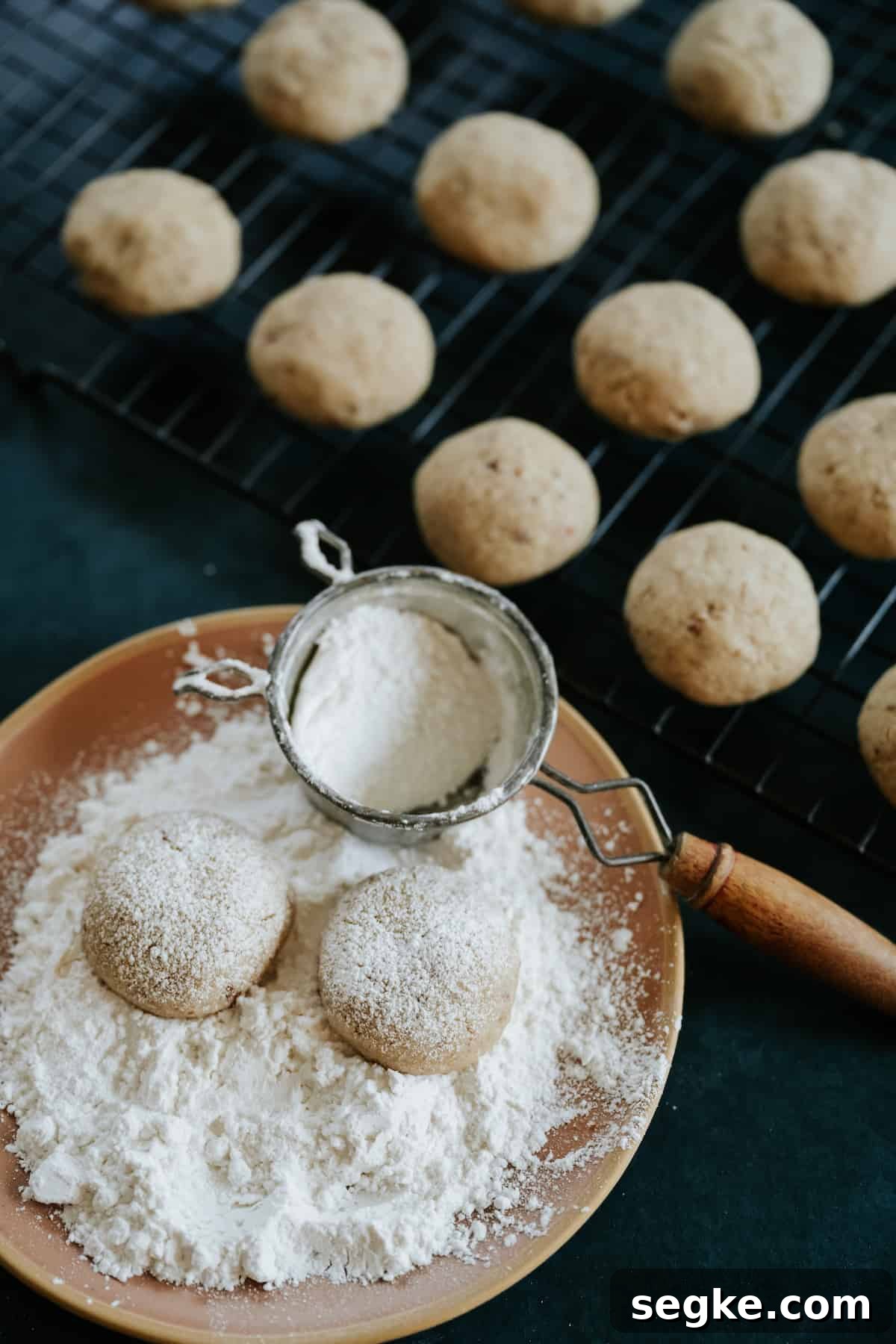Polvorones Cookies (Mexican Wedding Cookies) that are being dusted with powdered sugar.