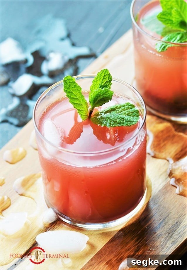 KoKum sherbet lovely pink drink in glass with ice & fresh mint leaves