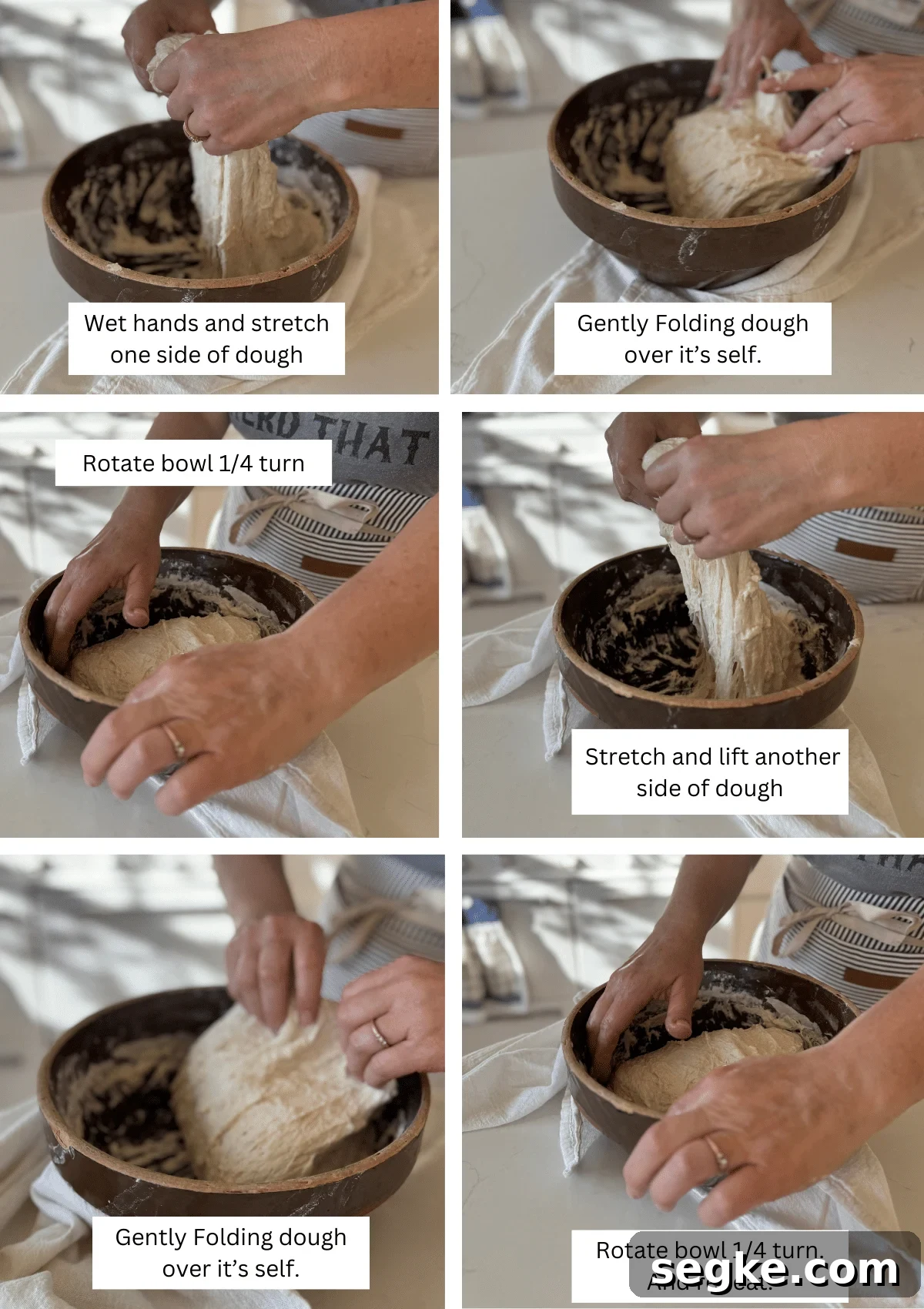 how to do stretch and folds step by step: stretch one end and pull it up and fold it over the rest of the dough. Rotate the bowl 90 degrees repeat on all 4 sides of the dough.