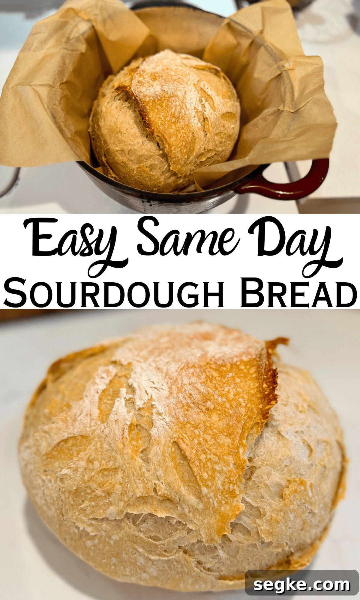 easy same day sourdough bread in pan and on counter with text