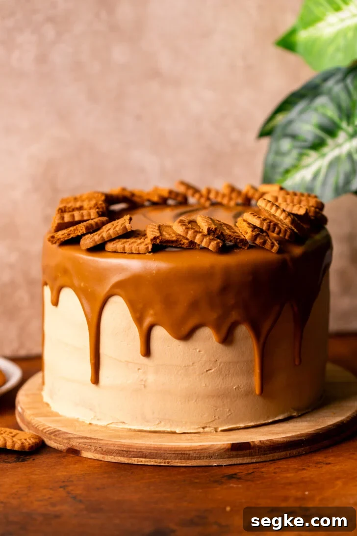 Biscoff Cookie Butter Cake Recipe 7 Decorated cake on a cake stand.