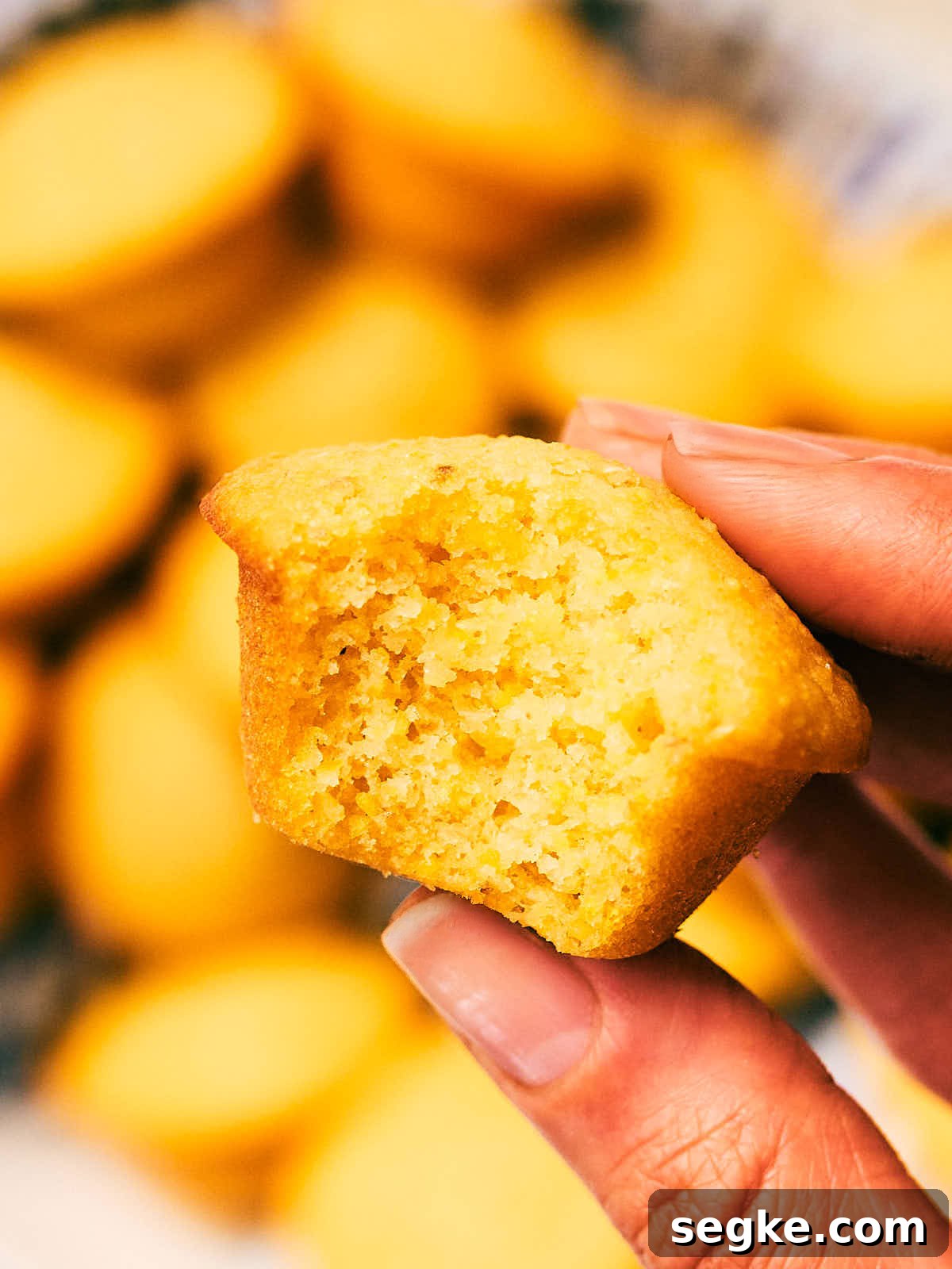 A hand holding a moist mini cornbread muffin with a bite out of it.