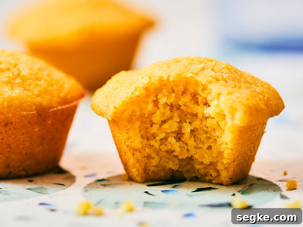 A moist mini cornbread muffin with a bite taken out of it.