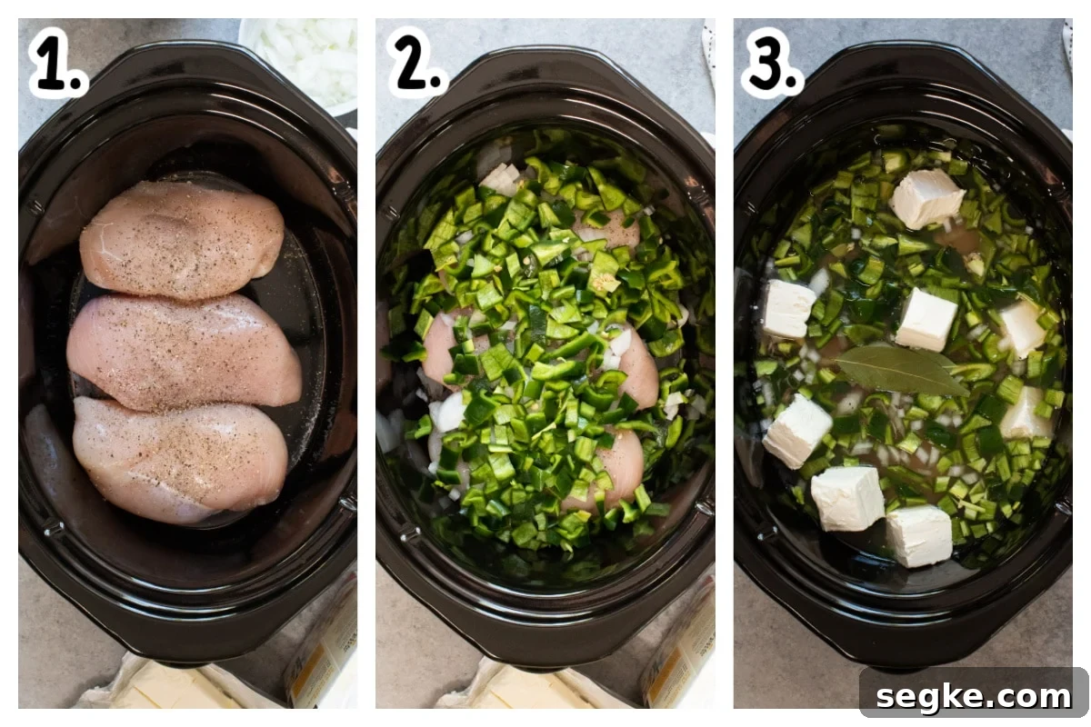 3 image collage on how to add ingredients to slow cooker for chile relleno soup