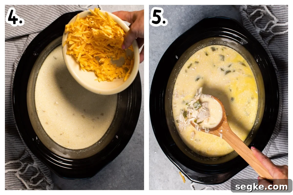2 images, one of cheese being added to creamy soup and the other of soup on a spoon