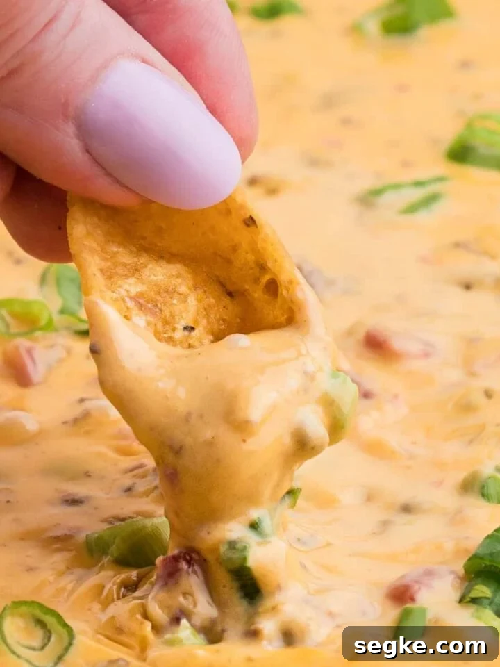 How to Smoke Asparagus: Tender, Smoky Grilled Spears 7 close up of someone's fingers dipping a chip into smoked queso dip