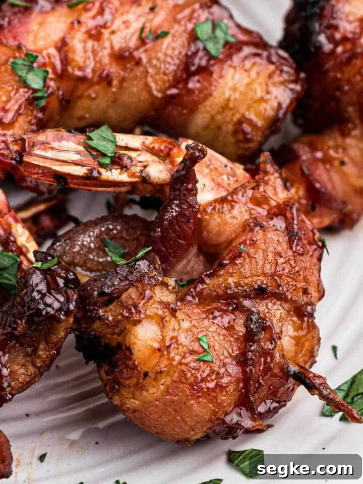 How to Smoke Asparagus: Tender, Smoky Grilled Spears 9 smoked bacon wrapped shrimp on a plate, with a toothpick holding together.