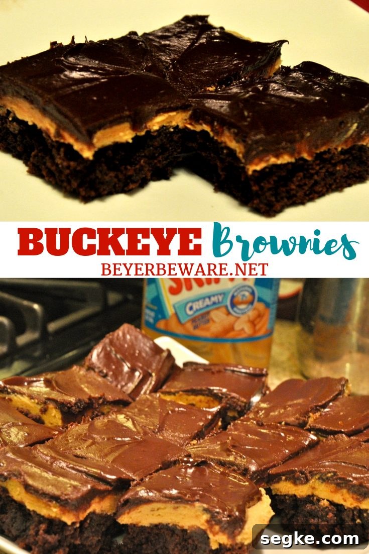 Buckeye brownies are a basic boxed brownie mix topped off with a smooth and creamy peanut butter frosting and melted chocolate.