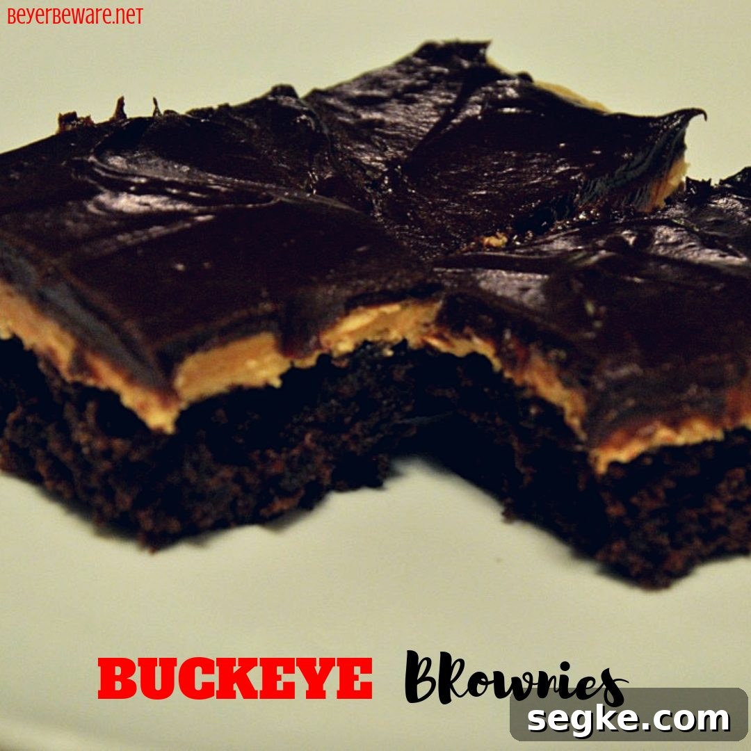 Buckeye brownies are a basic boxed brownie mix topped off with a smooth and creamy peanut butter frosting and chocolate ganache.
