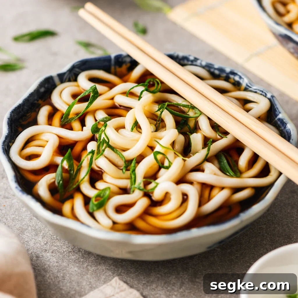 A bowl with kake udon (simple Japanese udon noodle soup).